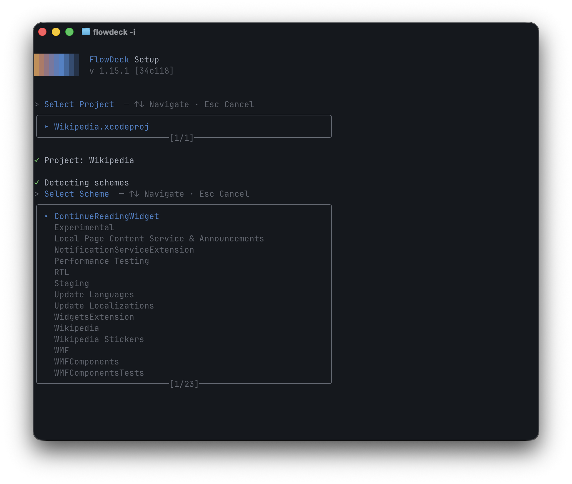The FlowDeck setup assistant for an existing project. A Select Project step shows a list with Wikipedia.xcodeproj selected. Below that, FlowDeck detects schemes and shows a Select Scheme step listing every scheme in the project, with the first one highlighted and a 1/25 paginator.