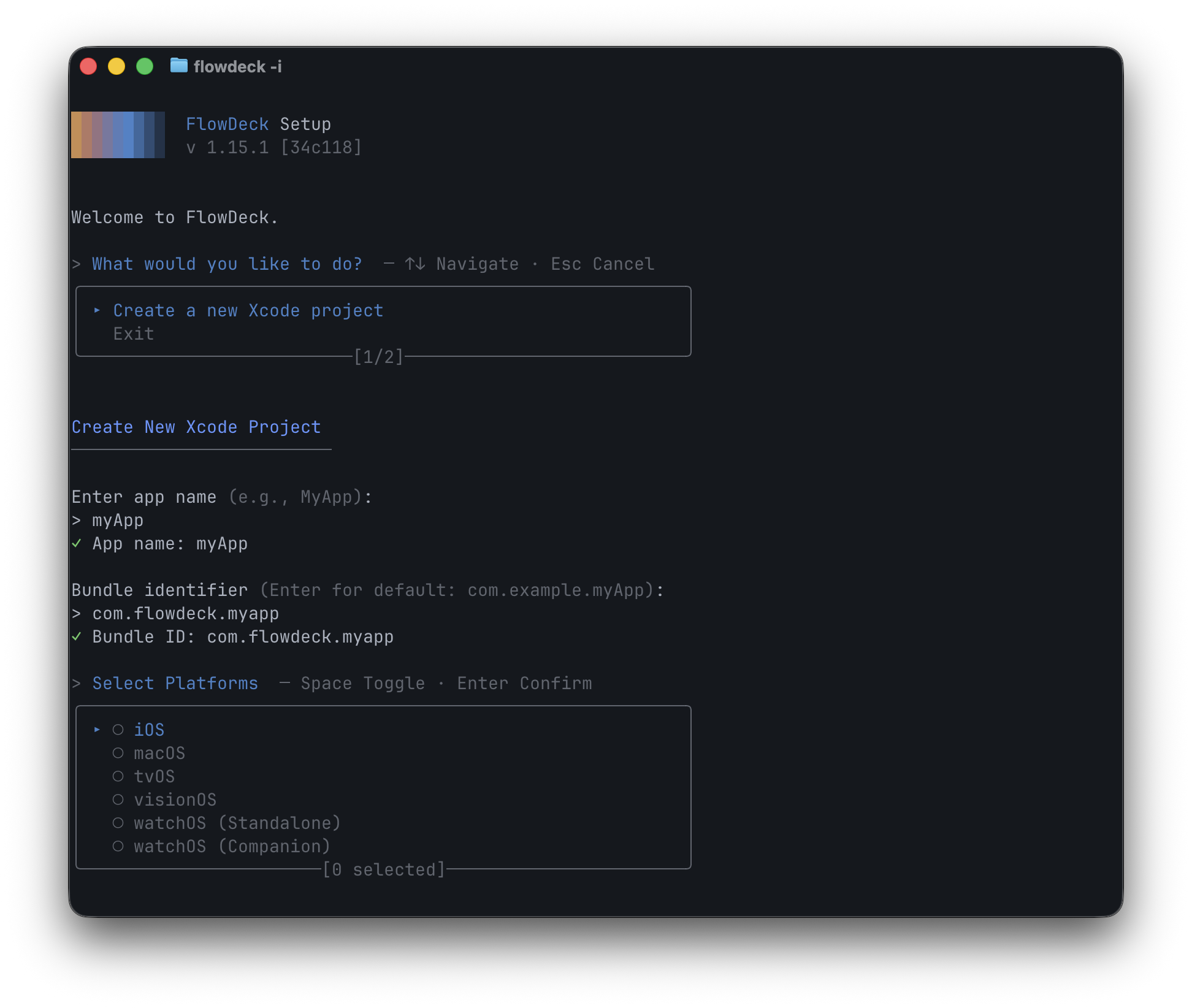 The Create New Xcode Project wizard. Welcome message, a selection list with options Create a new Xcode project (highlighted) and Exit. Below, fields for app name, bundle identifier, and a multi-select for target platforms (iOS, macOS, tvOS, visionOS, watchOS Standalone, watchOS Companion).