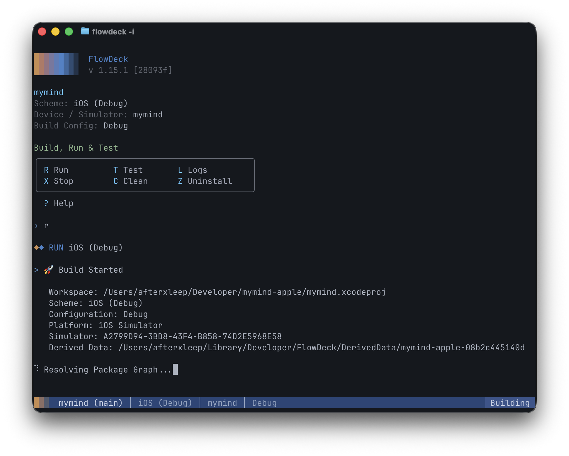 A run in progress inside the TUI after pressing R. The project info block stays at the top. Below the Build, Run & Test card is a RUN iOS (Debug) header followed by a Build Started panel listing the workspace path, scheme, configuration, platform, simulator UDID, and DerivedData path. A live status line below the panel reads 'Resolving Package Graph...'. The bottom status bar shows the project info on the left and the state 'Building' on the right.