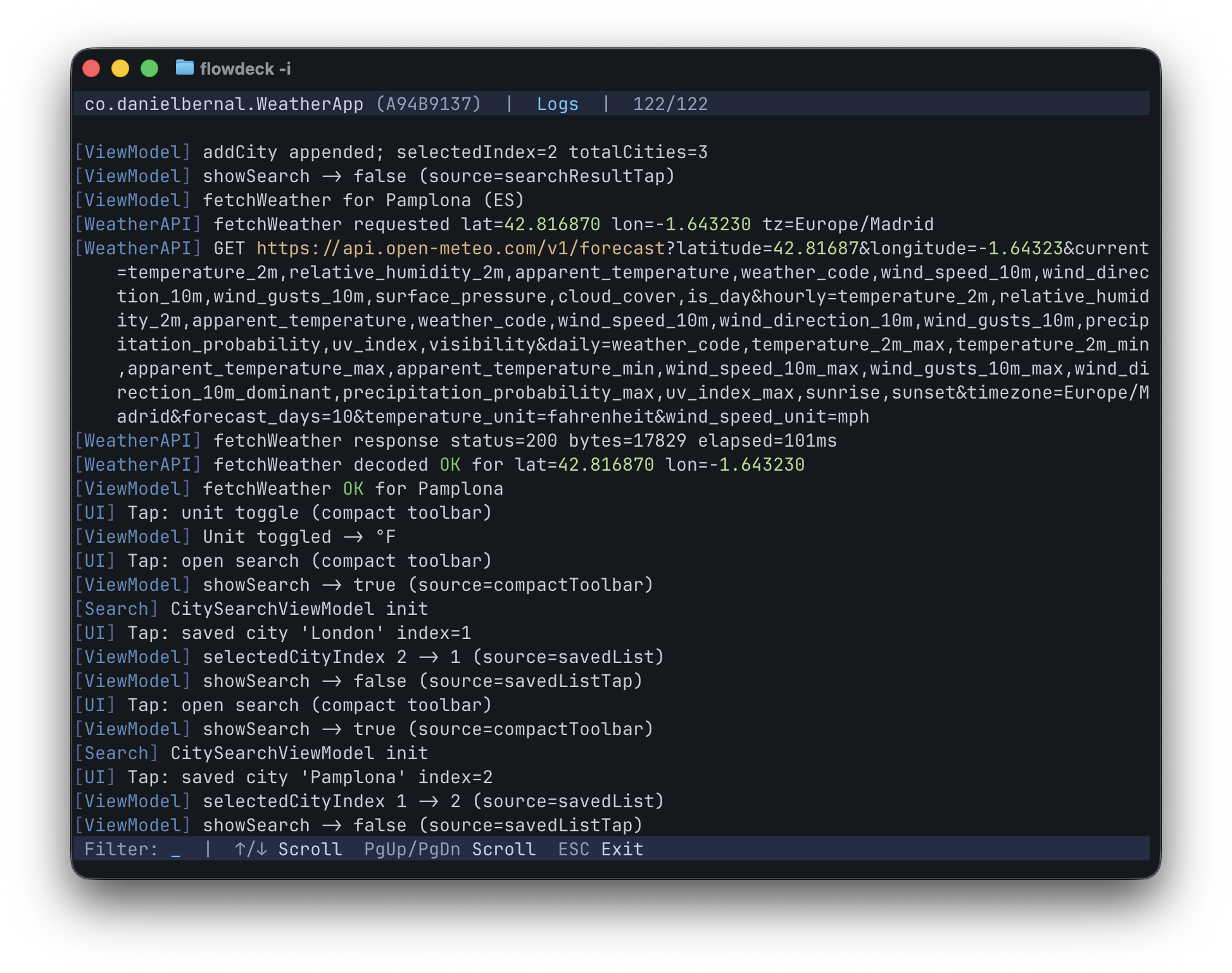 The FlowDeck TUI log viewer. The top bar shows the bundle ID co.danielbernal.WeatherApp with the 8-character app ID A9489137 on the left, and Logs plus a line counter 122/122 on the right. The body streams structured log lines tagged with categories like [ViewModel], [WeatherAPI], [UI], and [Search]. The bottom bar shows a Filter input and key hints: ↑/↓ Scroll, PgUp/PgDn Scroll, ESC Exit.