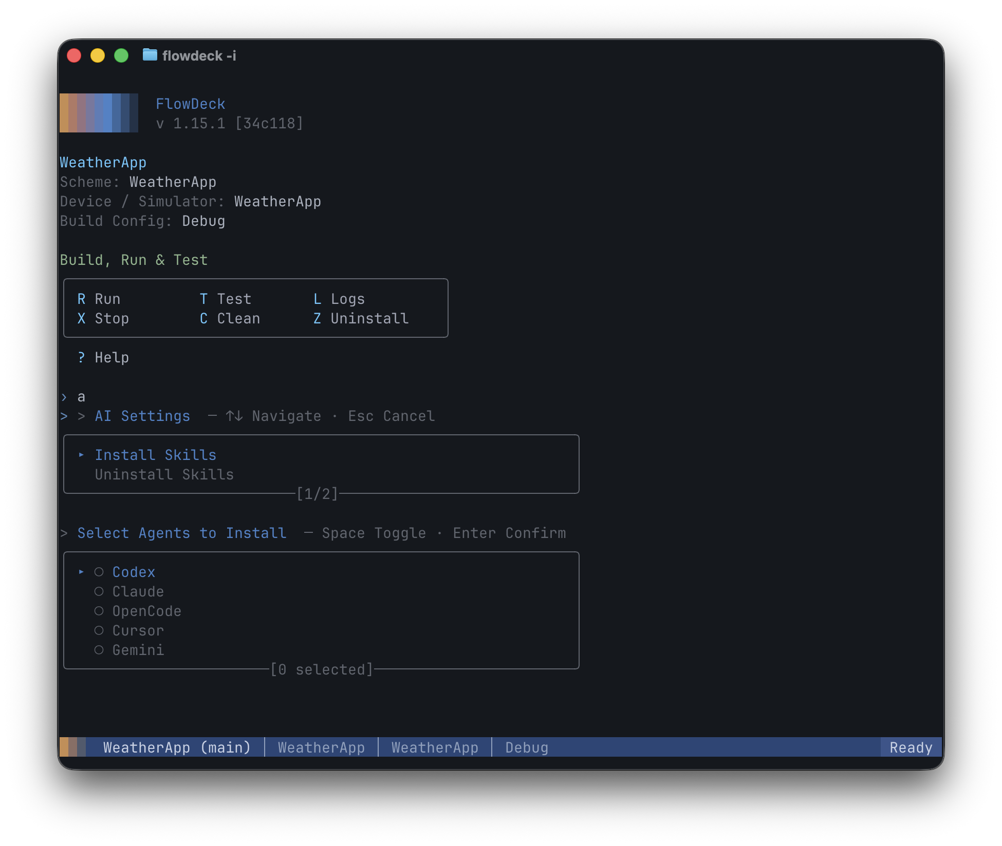 AI Settings inside the FlowDeck TUI. The main view (project info, Build/Run/Test card) stays at the top. Below, an AI Settings menu lists two options, Install Skills (highlighted) and Uninstall Skills, with a 1/2 paginator. Underneath, a Select Agents to Install multi-select lists Codex, Claude, OpenCode, Cursor, and Gemini with empty checkboxes, with the footer showing Space Toggle, Enter Confirm, and [0 selected].
