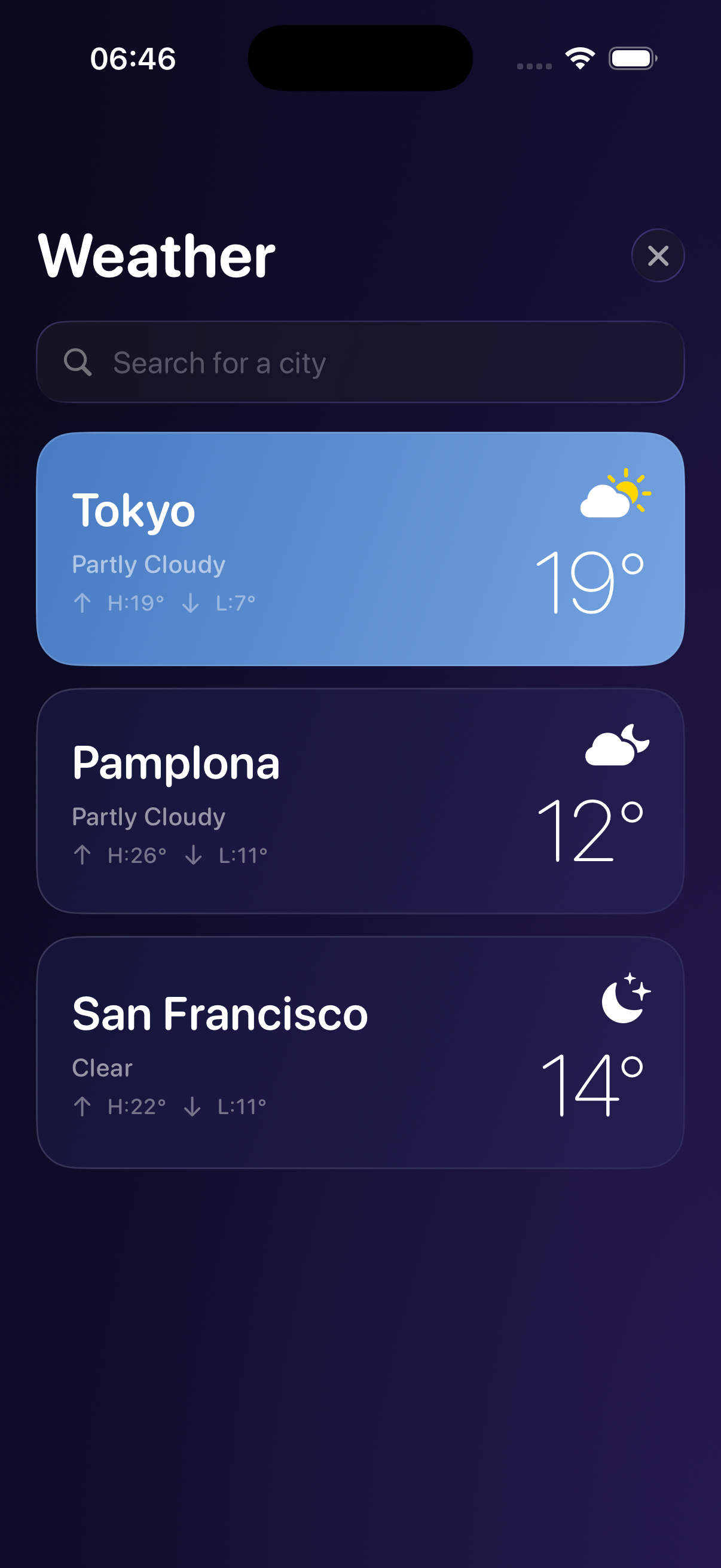 Weather app city list